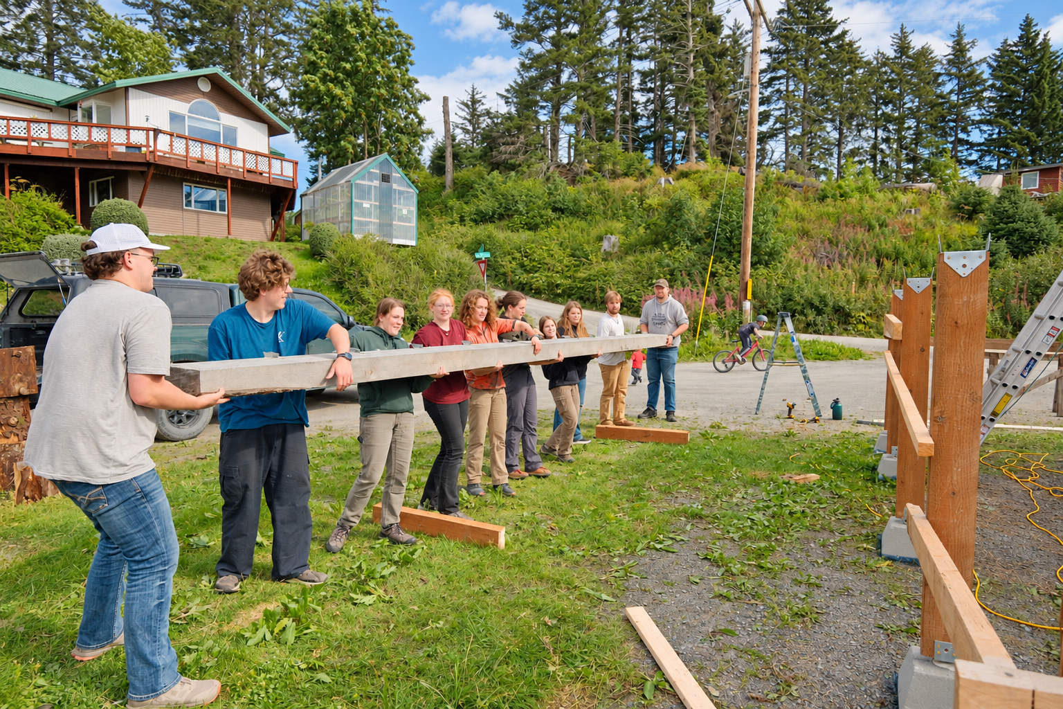 ABC students carrying a timber together during a Seldovia service project